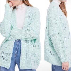 Free People Saturday Morning Oversized Mint Green Open-Knit Cardigan wool blend